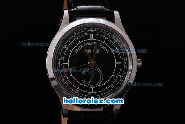 Petek Philippe Automatic Black Dial and White Bezel with Leather Strap - Click Image to Close